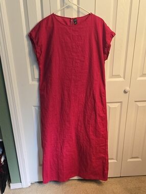 Casual Pink Cotton Linen Look Maxi Dress with Cap Sleeves
